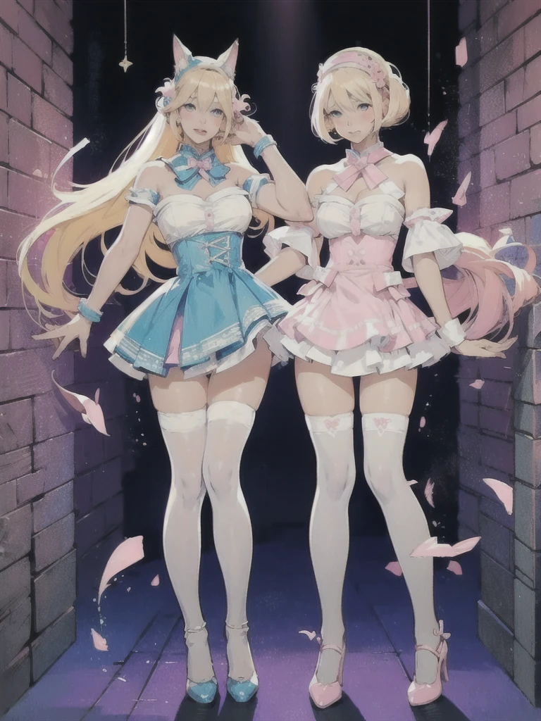 A blonde woman dressed in blue and pink is posing for a photo, Enchanting anime girl, Anime Barbie in White Stockings, Beautiful and attractive anime teen, Beautiful and attractive anime woman, Highly detailed art gems, Splash Art Anime Loli, Naughty anime style, Top rated on pixiv, Naughty Style, Inspired by Masamune Shirow