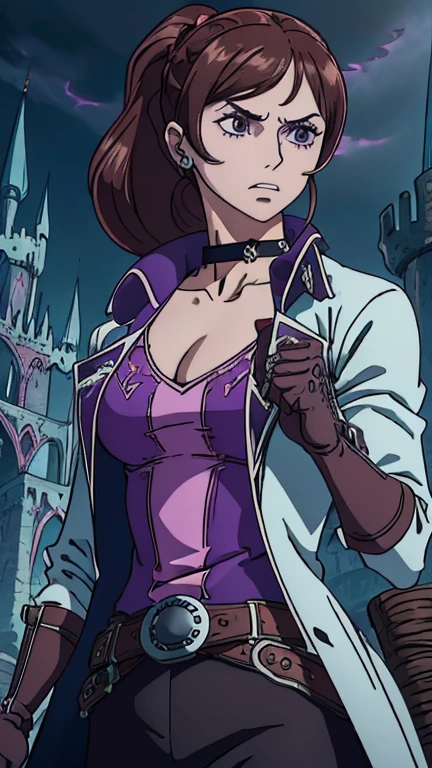 (1girl: julia belmont, brown hair, purple eyes, short hair, ponytail), (extremely detailed CG unit 8k wallpaper),(master part), (best quality), (ultra detail), (best illustration),(Oda Eiichirou style), cowboy shot, (Sharp eyeliner, ombre, detail eyes:1), Dracula Castle background, ,break , (vamptech), Upper body, black gloves, black belt,multiple belts, white shirt, blue long coat, black choker, pink lips