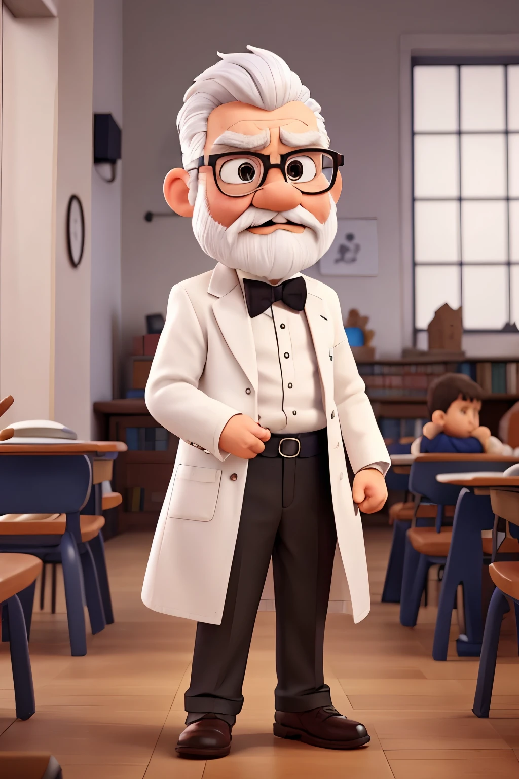 arms raised,  man, very angry, furious, fierce, has his back turned, chatty, 70 years old, has white hair, white mustache, white beard, teacher, wearing white coat and bow tie, wears glasses