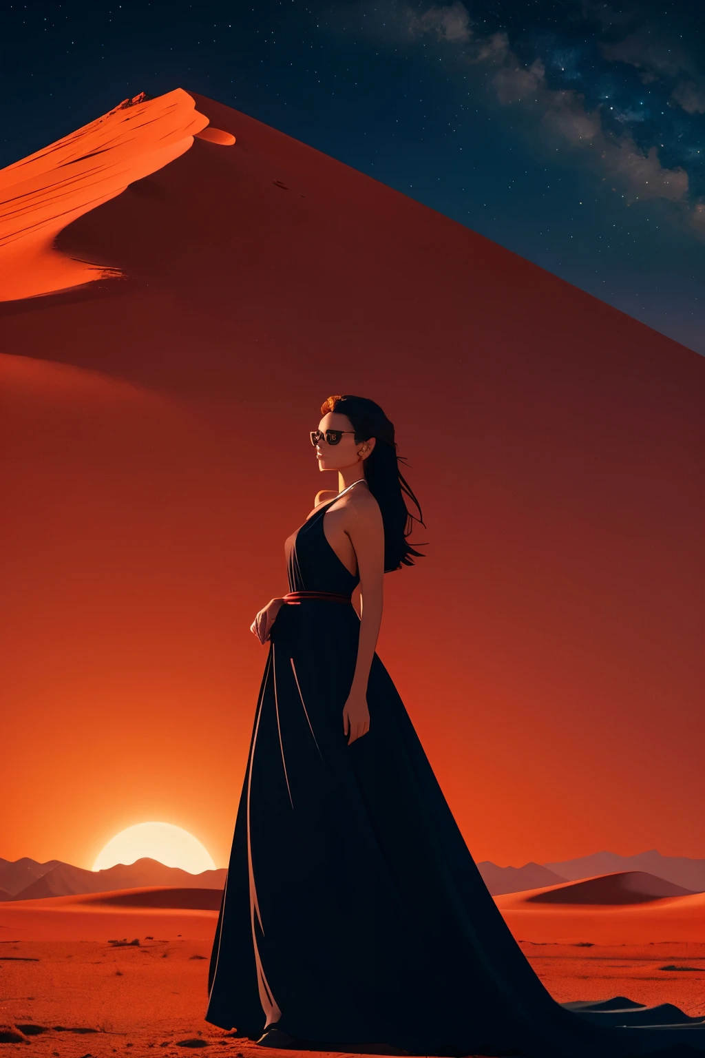 697 / 5.000
**Digital artwork featuring a BEAUTIFUL AND GORGEOUS YOUNG WOMAN in a surreal desert landscape under a large red sun. The style is minimalistic, focusing on bold contrasts and sharp lines. The design includes a vast expanse of desert dunes in the foreground, with sparse vegetation such as cacti and bushes. In the background, there are jagged mountain peaks, also bathed in a red light, creating a dramatic and otherworldly atmosphere. The sky is completely black, enhancing the stark contrast with the red elements. The overall color palette is dominated by shades of red and black, giving the scene a striking and intense visual impact**