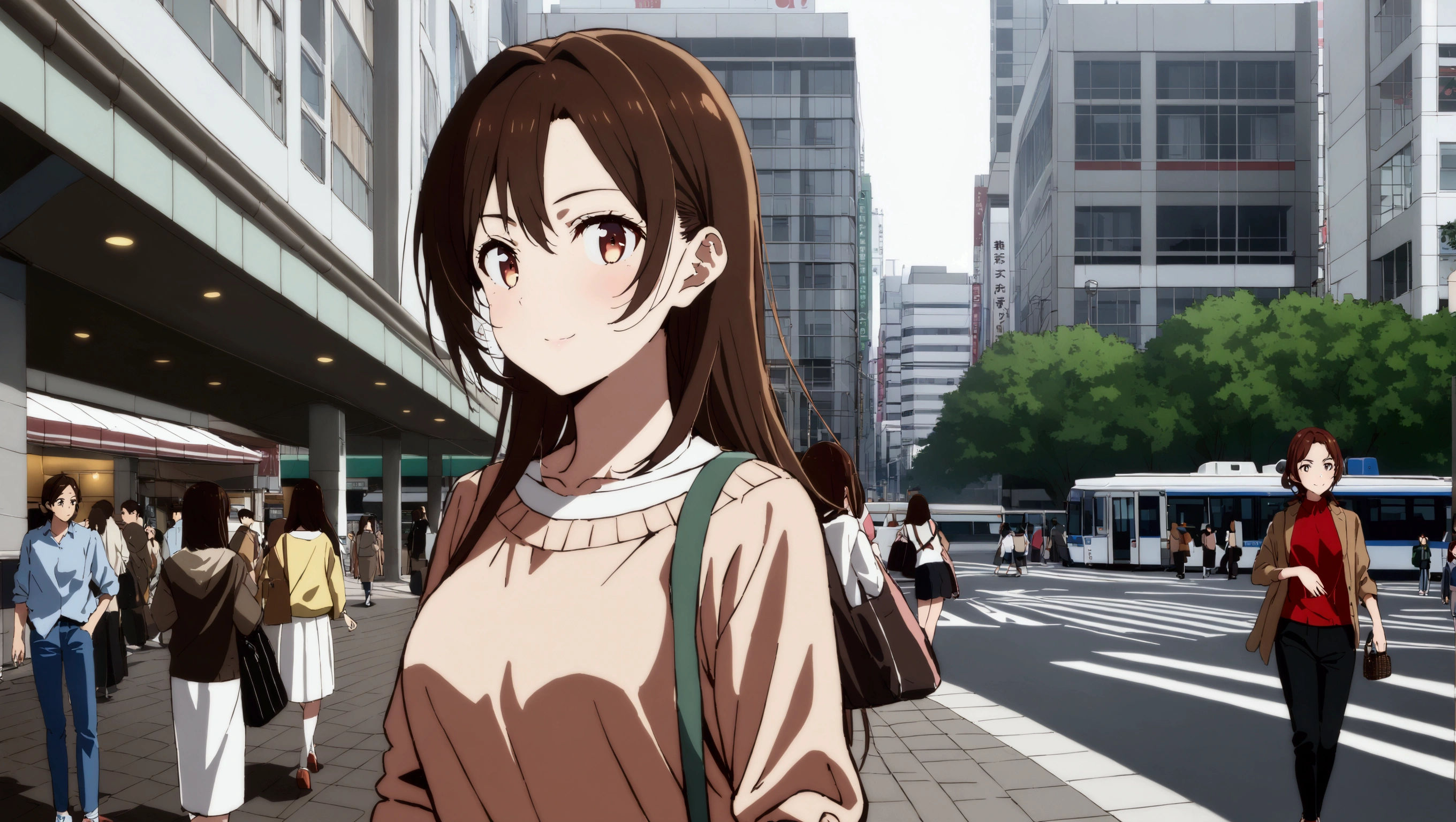 paisagem surreal, work of art, ultra detaild, Definition of 8k, beautiful  face, 1 girl, Chizuru Ichinose , casual clothes, women&#39;s shoulder bag, slightly slouched posture, closed mouth smile slim body, Fine body, ideal body, Tokyo city, people passing on the street, アニメ, chestnut hair, eyes browns