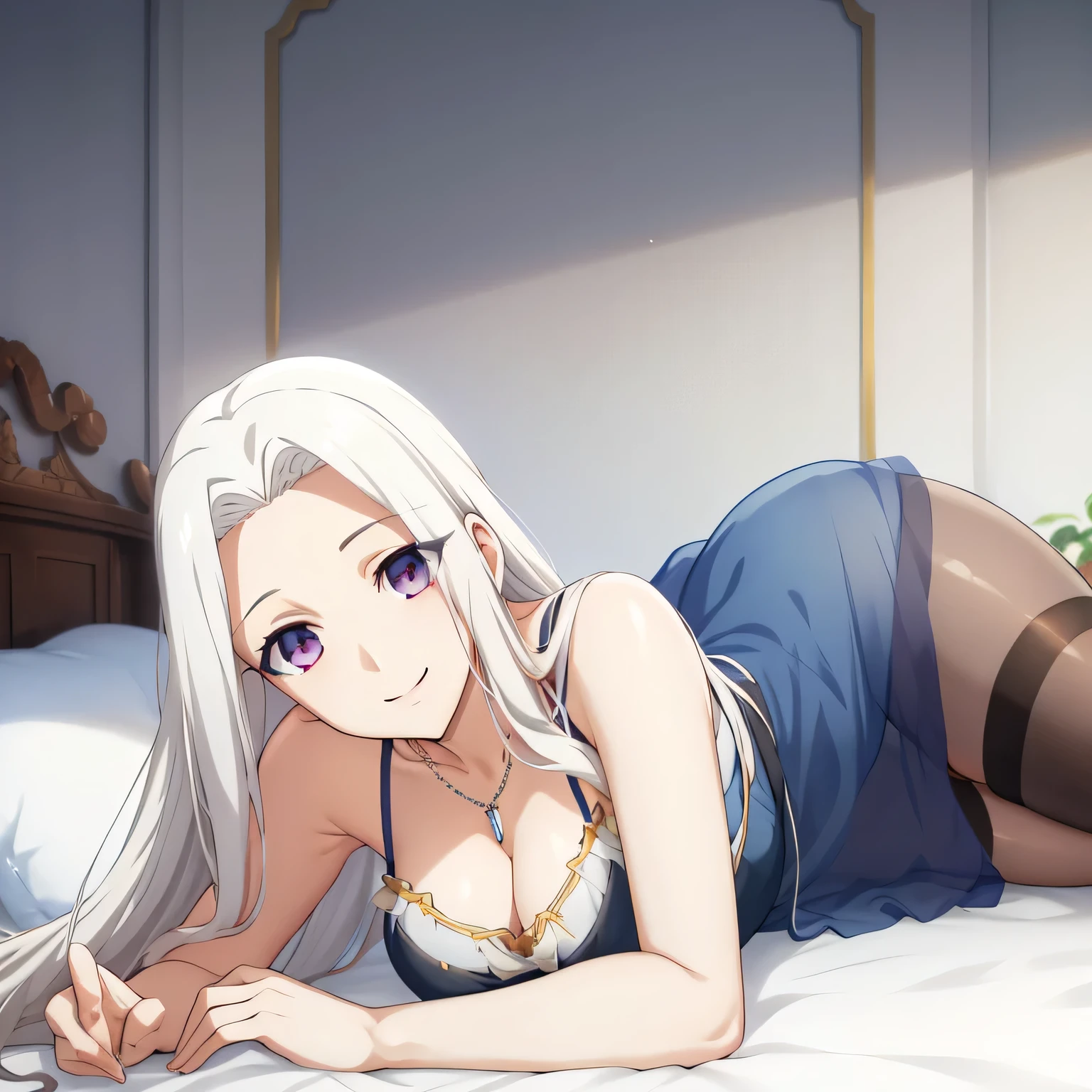 Irisviel, beautiful dark blue sheer dress sleeveless,solo,looking at viewer,beautiful smile,arm at side,middle size of breast,beautiful necklace,lying in bed looking at viewer