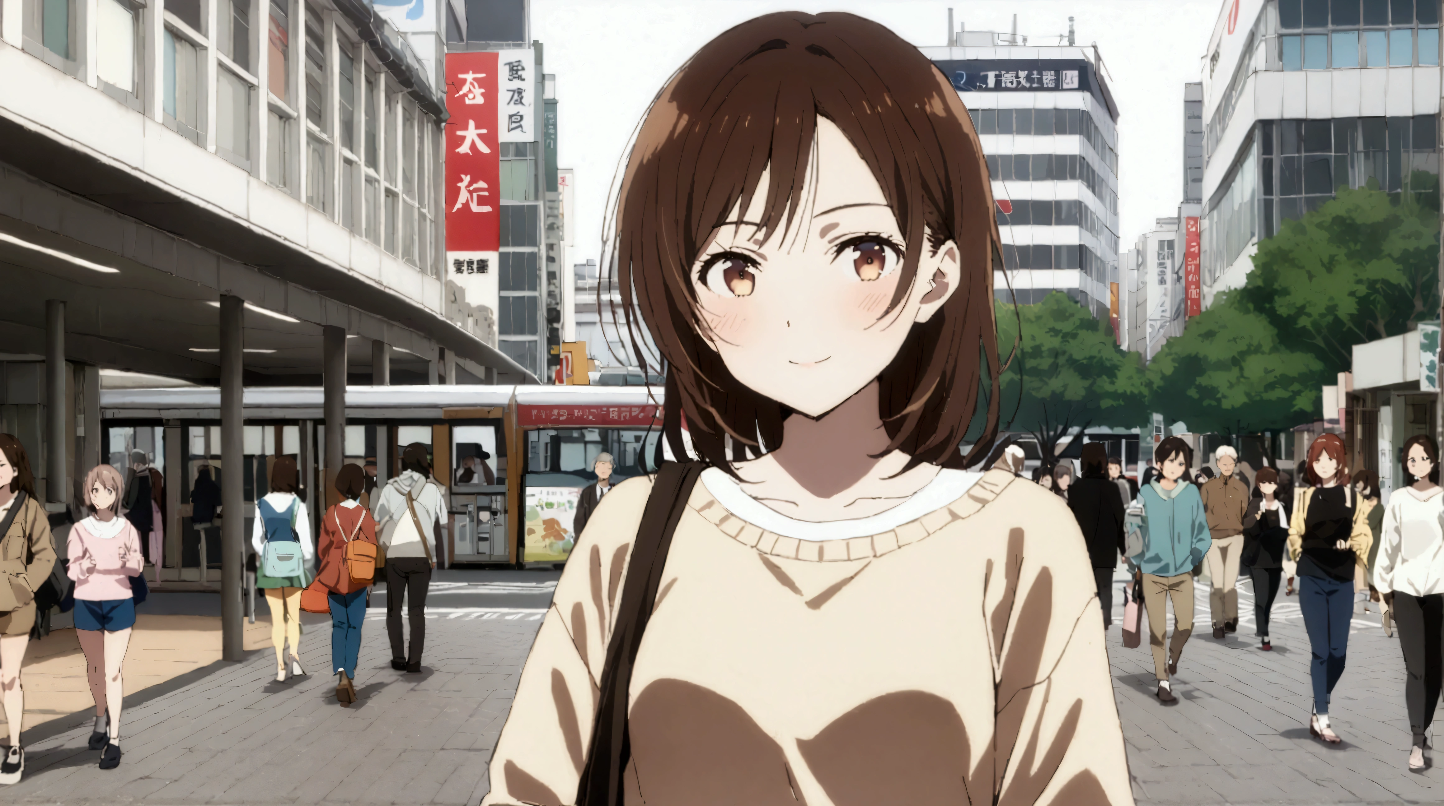 paisagem surreal, work of art, ultra detaild, Definition of 8k, beautiful  face, 1 girl, Chizuru Ichinose , casual clothes, women&#39;s shoulder bag, slightly slouched posture, closed mouth smile slim body, Fine body, ideal body, Tokyo city, people passing on the street, アニメ, chestnut hair, eyes browns