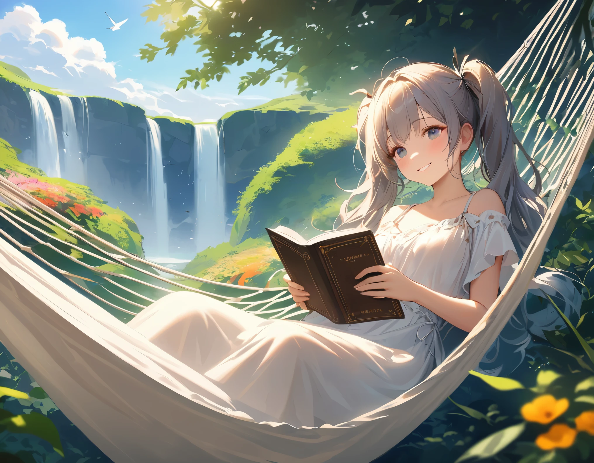 Girl lying down with her dog in a comfortable hammock in a colorful garden,Light blue long hair、Beautiful girl with twin tails、Adorable smile、Looking at the camera、Relaxing in a hammock from the top of a mountain looking out over the valley below、,A soft breeze gently rustles the flowers and grass around her.,Relaxed atmosphere,Surrounded by lush greenery,Natural Beauty,Peaceful and serene,Feeling totally relaxed and carefree [Beautiful attention to detail,Beautiful lip detail],Wearing a loose summer dress,Immerse yourself in a fascinating book,background,A small waterfall flows slowly,Laid-back clouds floating in the clear blue sky,Birds chirping happily,Creating a harmonious melody,Evokes a sense of peace and calm,Artistic and dreamy landscapes,masterpiece:1.2,High resolution,Very detailed,Realistic,Studio Lighting,Vibrant colors,Soft and warm color palette