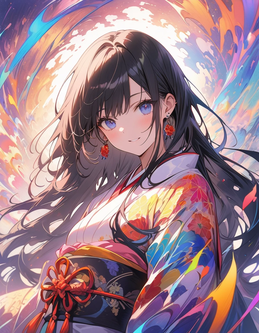 (masterpiece、Highest quality、Highest quality、Official Art、Beautiful and aesthetic:1.2)、(One Girl:1.3)、Black-haired、Straight Hair、Align your bangs、Very detailed、(Fractal Art:1.5)、(colorful:1.2)、Highest detail、(Tangled:1.2)、(Dynamic Pose、sideline)、(Abstract background:1.5)、(Japanese clothing:1.2)、(Glowing Skin)、(Many colors:1.2)、(Earrings:1.4)、The background is blue tone、