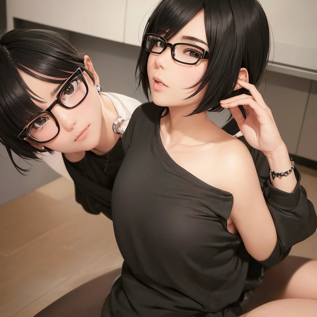 ((best quality)), ((masterpiece)), (detailed), perfect face. Short hair. Anime girl. Asian girl. Black eyes. Glasses. Her hair is long with yellow and black highlights,wear glasses,black and yellow hair