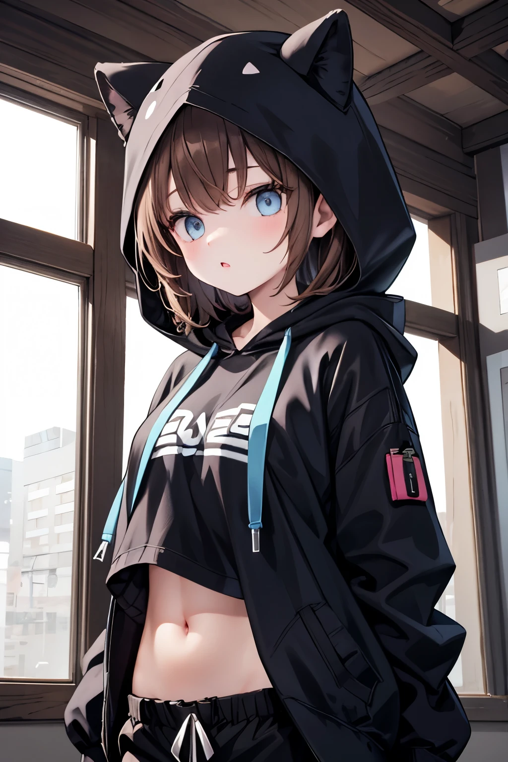 Female, brown hair, light blue eyes, black hoodie and hood, bare belly, black long pants