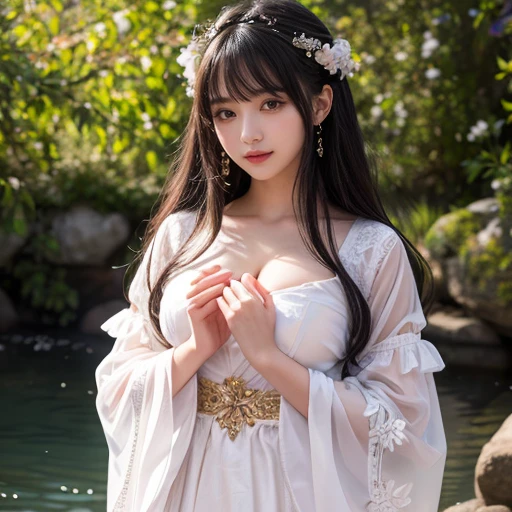 最high quality, Delicate face，Beautiful visual work, Real, forever, Black Hair, Long Curly Hair, Blunt bangs, smile, Detailed Background, Delicate face，blush，cold，((masterpiece))、(最high quality)、8k、Attention to detail、Very detailed，21-year-old female，身穿唐制Hanfu、Waist skirt, Clothes are Light and fluffy，Hanfu, Wide sleeves, transparent sleeves, Tunic, Chiffon clothing, masterpiece、to be born、A scene like a fairy tale illustration、Intricate details和複雜的設計、beautifully、magic、Whimsical、 beautifully、dreamの美学、「𝓡𝓸𝓶𝓪𝓷𝓽𝓲𝓬、Mysterious、Charm、Whimsical、magic」、realism、visual effects、FXAA、SSAO、Shaders、voiceless、ambient Lighting、Tone Mapping、High resolution、Ultra high quality、1 million pixels、(8k解像度:1.10)、8k、8k以下、8k解像度、Attention to detail、Intricate details， (high quality:1.2、masterpiece:1.2、:1.21)、(21-year-old female:1.21)、(興奮地smile)、(被dream般的氛圍所包圍、model diagram，Full Body Shot，Usually 2 feet，Put your hands behind your back，When I wear clothes, my breasts are visible, Large Breasts, H cup bust, Ancient, Xian Xia, Gauze cloth, Soft and fluttery, Fairy, dream, Fantasy, Light, elegant, nature, immortal, romantic, Classic, ribbon, Light purple clothes, In the woods, Martial arts drama scene