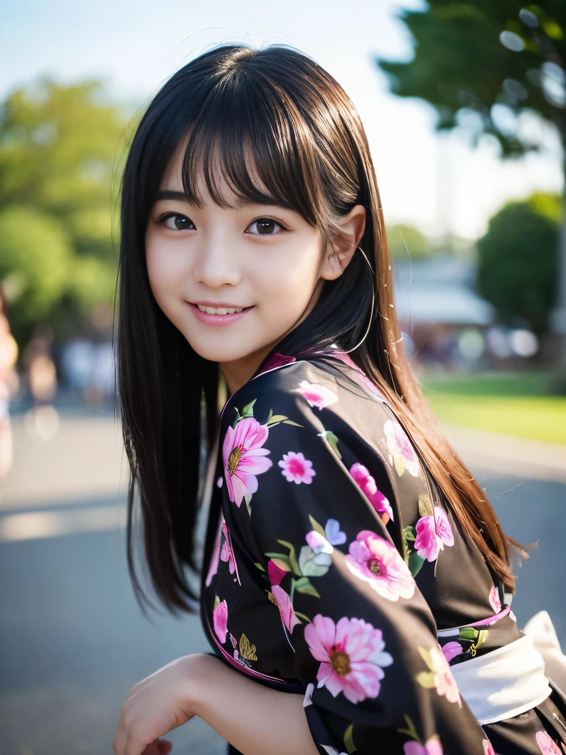 (Best-quality, Masterpiece, Ultra-High-Resolution, (Photorealistic:1.7), Raw Photo, depth of field, professional lighting, perfect anatomies, extremely details), (1girl, the most famous 15-years-old Japanese-idol, at Japanese-summer-festival, booty-pose), (wearing summer-kimonos, detailed summer-kimonos), ((extremely cute and extremely realistic face like the most popular Japanese-idol), (((extremely cute and extremely big black-eyes))), extremely cute lips, extremely cute long-eyelashes, ((extremely cute and extremely realistic skins))), (((innocent smile))), (((extremely beautiful hair)))
