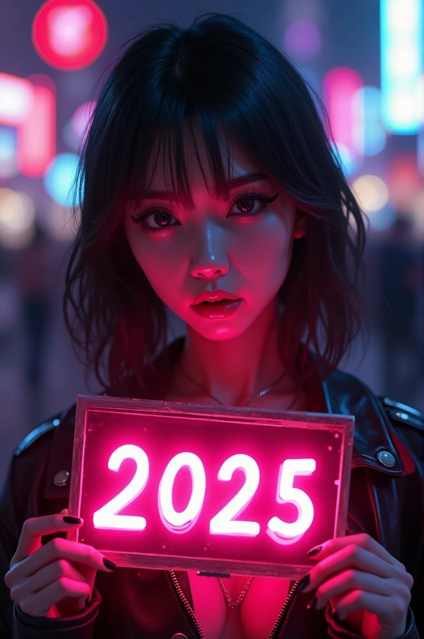 (masterpiece, Highest quality, 8k, Sharp focus, Depth of written boundary, Best Shadow, Perfect lighting, High resolution, Realistic skin texture, ultra-detailed background, detailed), Anime Style, Young top-class Chinese beauty holding a 2025 sign (He is slim, compensate, eyeliner, Glitter), At the nightclub, Cyberpunk Theme, Cyberpunk City.