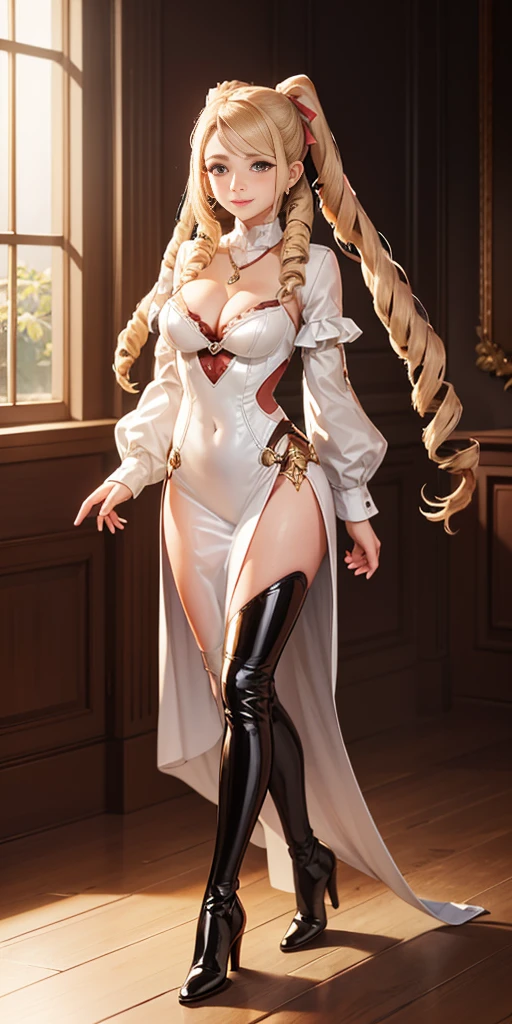 masterpiece, High resolution, Highest quality, Absurd, formal, Face Focus, Perfect Face, Upper Body (Bodycon, Micro Dress) (One girl:1.2) (alone) Long Hair, Blonde, Drill Hair, Brown eyes (Hair Ribbon) White boots (Highly wrinkled, shiny clothing that reflects light:1.2) latex, Fits perfectly against the skin, Glowing Skin, Cleavage, belly button, Golden, necklace, Attractive perfect female proportions, Captivating smile, blush, venue