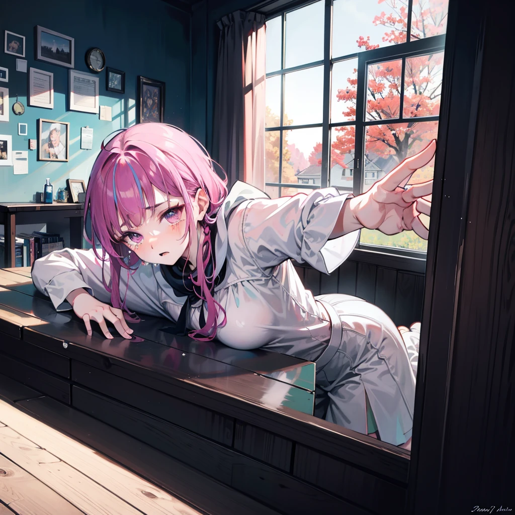 dark room,The sun shines through the window,Looking longingly at the window and reaching out,Tears in my eyes