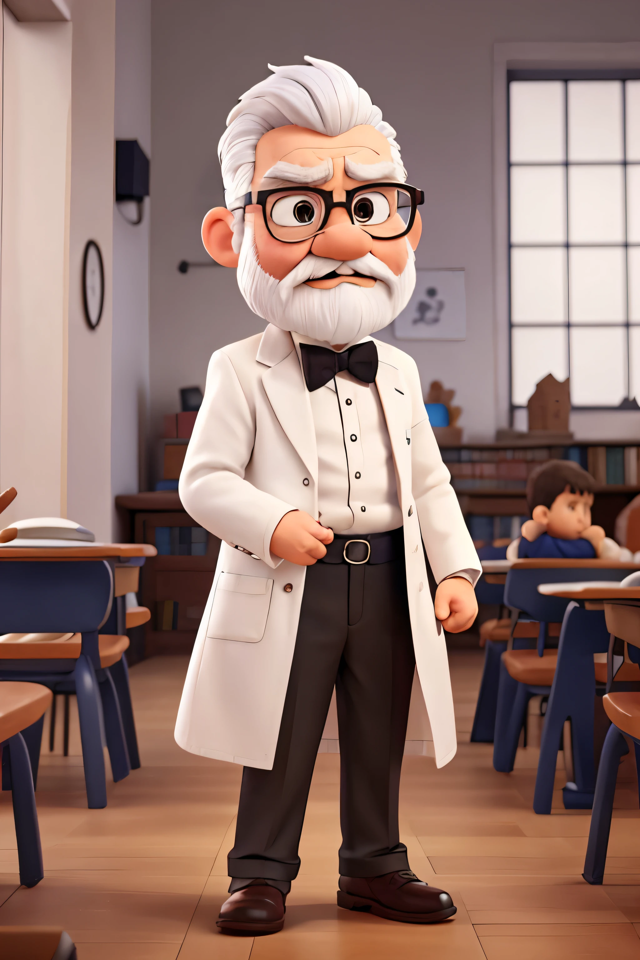 arms raised, little man, very angry, furious, fierce, has his back turned, chatty, 70 years old, has white hair, white mustache, white beard, teacher, wearing white coat and bow tie, wears glasses