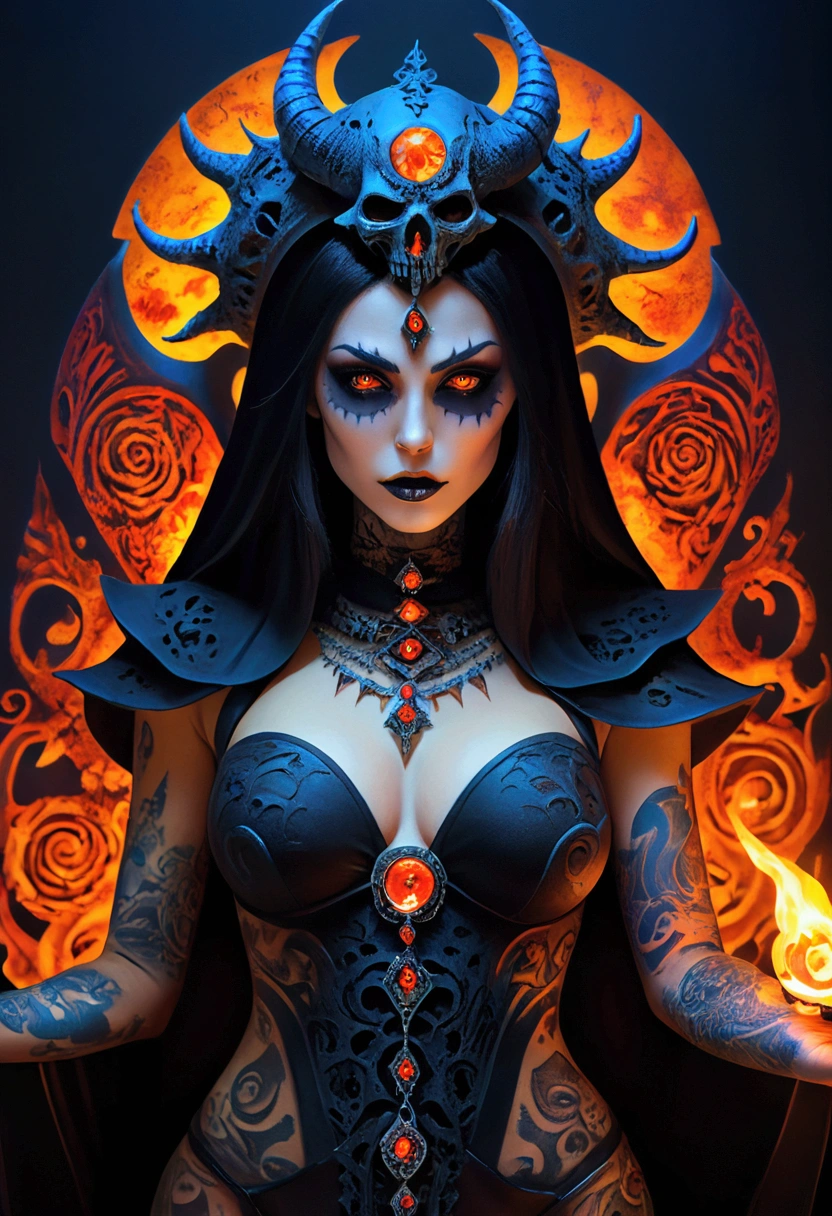 Create an image of the most stunningly gorgeous beautiful perfect sexy woman dios de morta, kaiju tattoos, Stunningly gorgeous perfect face, beautiful necromancer, bright vibrant colors, beautiful necromancer girl, goddess of death, scary dios de morta of death, beautiful girl necromancer, dios de morta maiden, beautiful elegant, full body view,