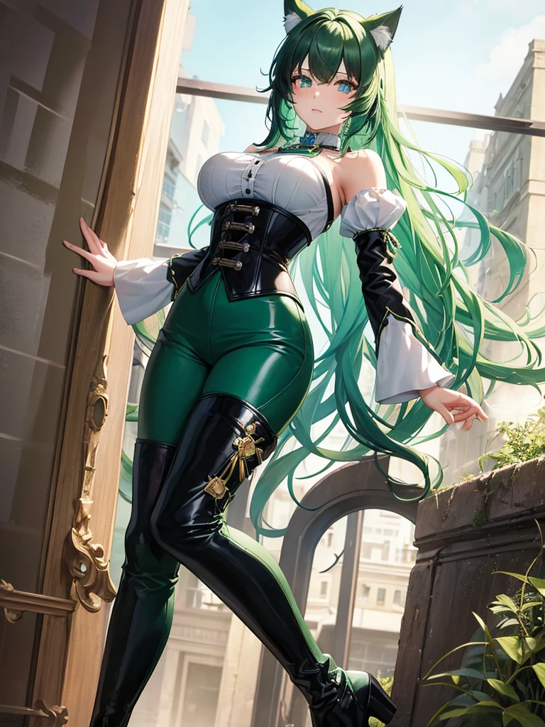 woman with cat ears ,dark turquoise green wavy hair,with heterochromia blue eye and green eye ,High black pants with corset and high white boots ,beige high neck blouse with divine 40 year old princess sleeve