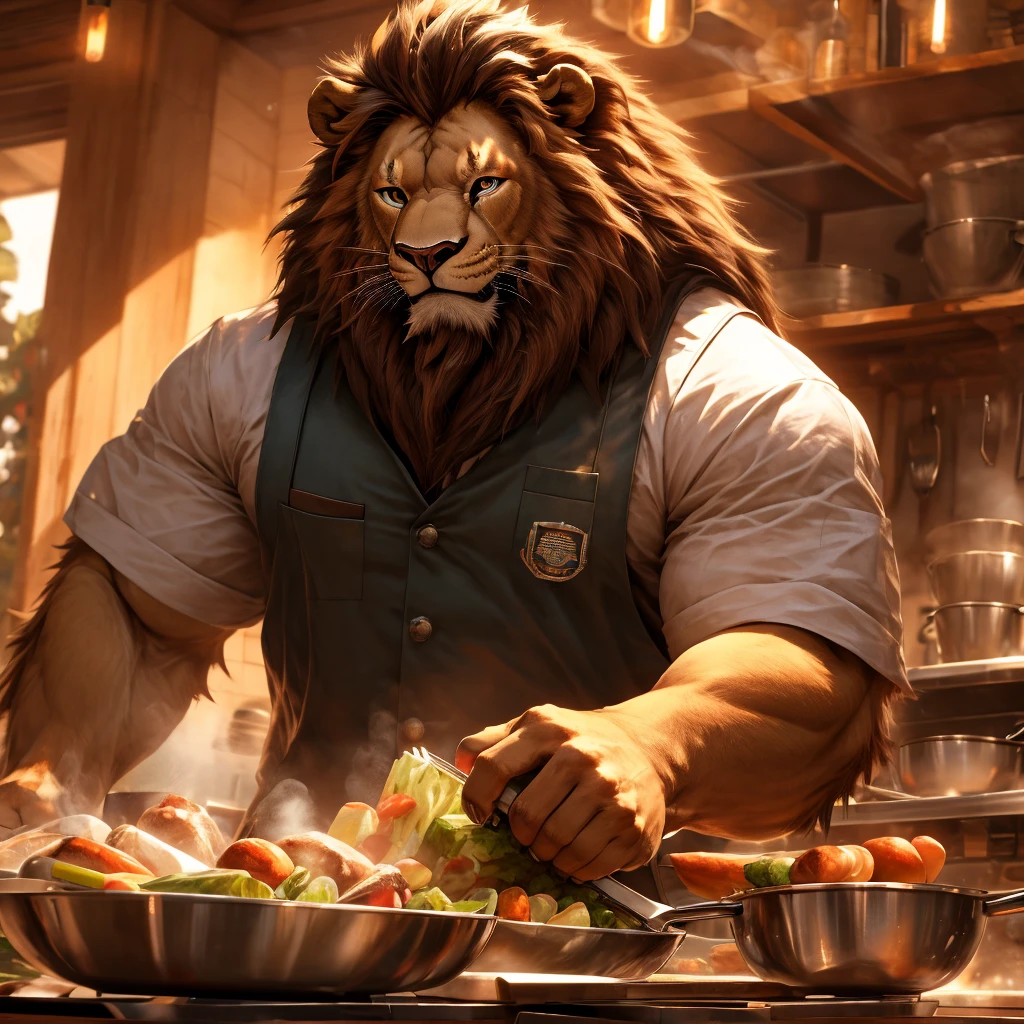 a muscular, serious-looking chef in a kitchen, wearing a chef's uniform, chopping vegetables with intense focus, (best quality,4K,8k,highres,masterpiece:1.2),ultra-detailed,(realistic,photorealistic,photo-realistic:1.37),professional chef, detailed chef's uniform, intricate knife work, steam rising from hot cookware, stainless steel kitchen appliances, warm lighting, rich colors, cinematic angles Lion cooking