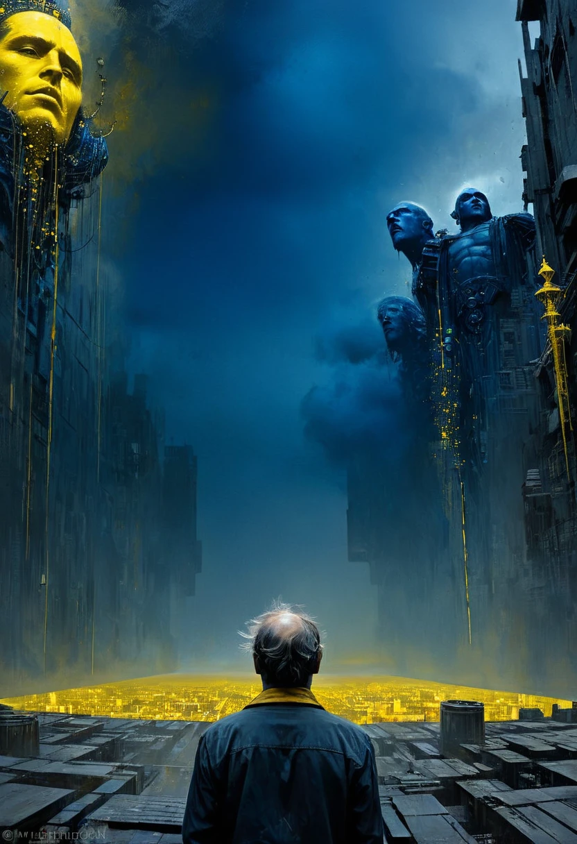 One face full canvas made and built by a crazy dream on wastelands, high tech ornaments composing a city inside, dark deep grey and black blue and golden yellow, 4D, 8K, photorealistic, dreamlike, big and complex composition storytelling, masterpiece, artwork by Bernie Wrightson, artwork by Jeremy Mann, Surrealism, Impressionism