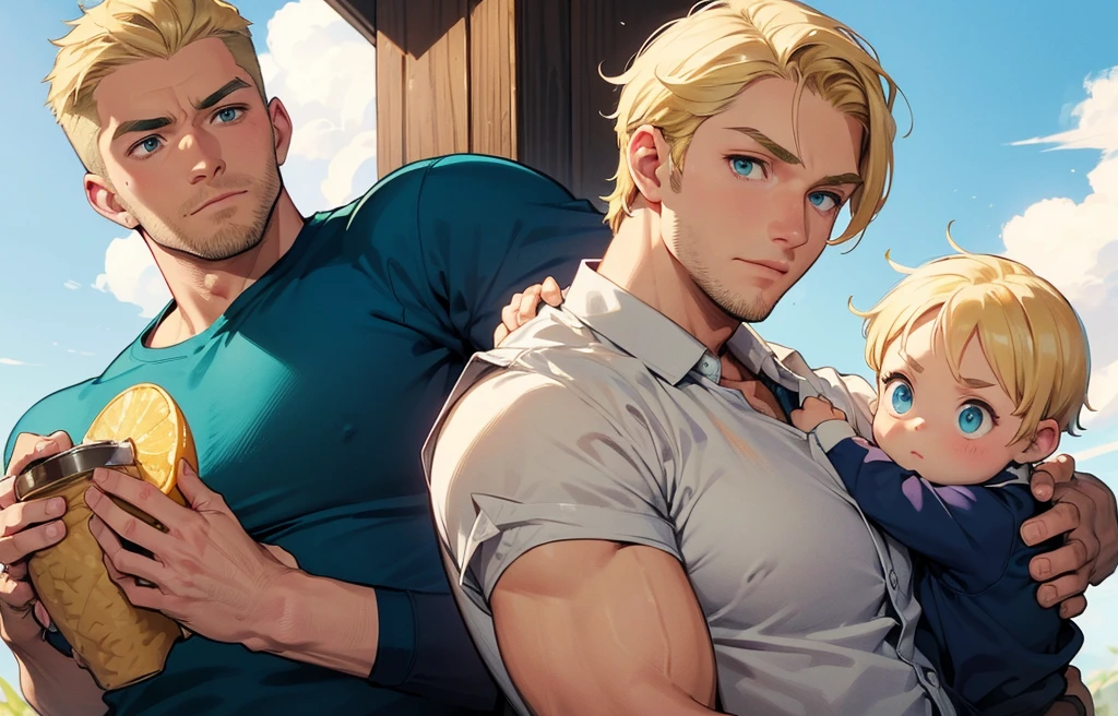 Create an illustration of a 30-year-old man with short blonde hair, green eyes, blonde eyebrows, a masculine, slightly round face. He should be somewhat strong but not overly muscular, similar to Mr. Incredible. The man should be playing with a one-year-old baby boy who is cute with short blonde hair and blue eyes.