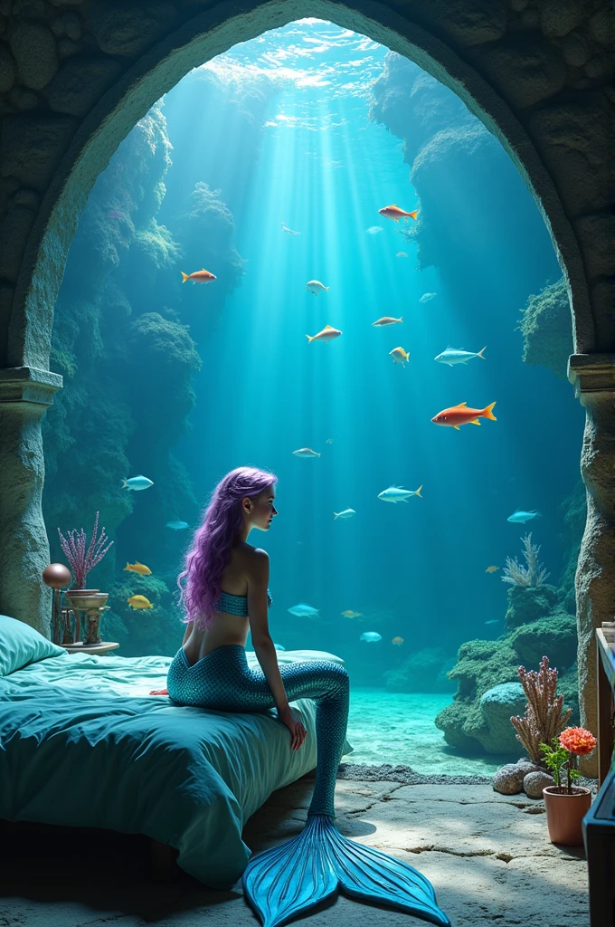 ((Photorealistic Little Mermaid,Photograph your face from up close,Mermaid tail,beautiful scaled tail,Sitting in a fantastic and special bed,Mermaid sitting on bed,Looking at the camera,Big smile,Shot from up close,Also photographed tail)),(((((The wall of the room is a water tank.,Arched walls,There are two water tanks.,Rooms surrounded by aquariums,Everything on the wall is a water tank,Large aquarium,Fish swim in an aquarium,Sewage tank.,The floor is a huge aquarium,The wall is a huge aquarium,Complex and fine aquarium delineation,Detailed depiction of the aquarium,Richly decorated aquarium,aquariums,Beautiful fish swim in an aquarium))))),(((A space based on blue and purple tones, Blue and purple gradient,Lots of beautiful corals and shells in the room,Wonderful decorative bed))),(White teeth,Perfect gas chamber,A big smile staring at the camera,Mermaid tail,japanes,waved hair),((with an intricate, Finely shining scales,Full Body Jewelry Decoration,The Most Gorgeous Princess Costume,The most gorgeous decoration,Intricate jewels all over her body,de pele branca,fair glowing skin,Detailed her face,Glowing scales,Very finely drawn scales,Giant Tiara,)),((Crisp and detailed background,The whole room is fantastically decorated,Everything is a fantastic and glittering background,)),((Top image quality,8K,Photos taken with a single-lens reflex camera))
