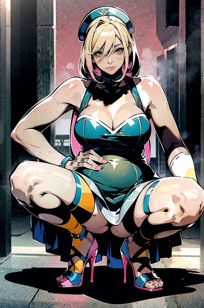 3 Girls，blonde，Pink Hair，Blue Hair[Very short hair|Very long braid]Asymmetrical dress]，Under the chest，落書きで覆われた壁の前にSquat，Street fashion，High heels，Very sexy pose， ArtJam，Fans only，During pregnancy，Squat，Spread your legs，Adult Toys