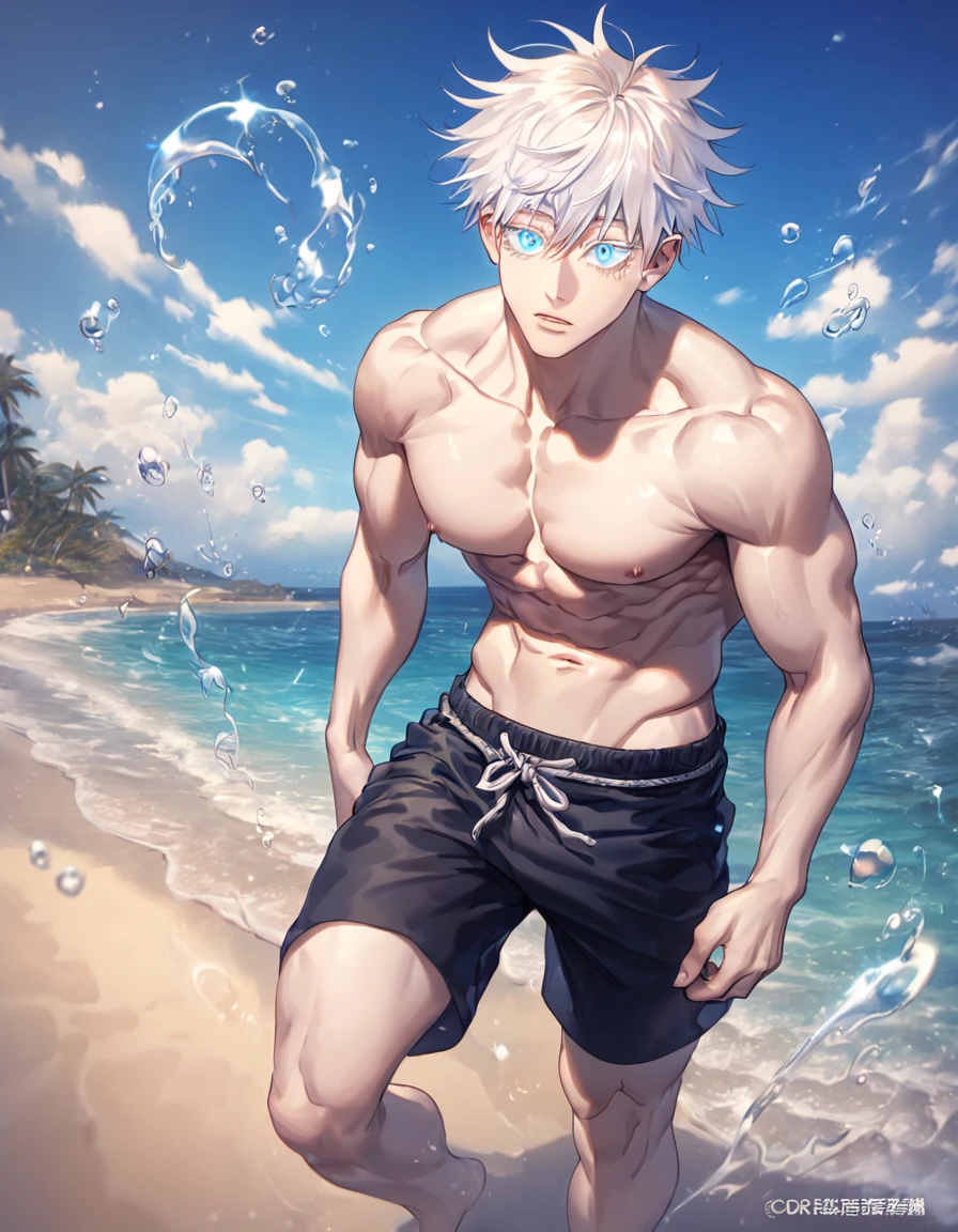 absurdres, highres, ultra detailed, HDR, master piece, best quality, detailed eyes, extremely detailed, delicated features, Gojou Satoru, white hair, expressive blue eyes, white eyelashes, Jujutsu Kaisen, solo, sexy man, handsome, manly man, erotic, bare chest, black shorts, magical, fantasy, sea, beach, blue sky