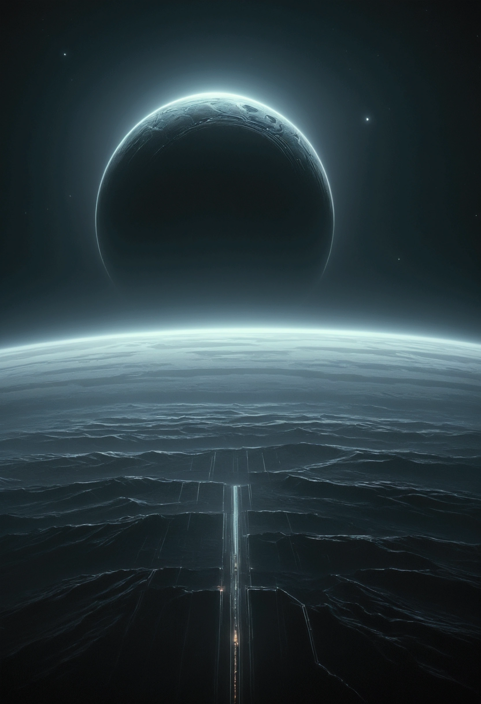 create a vision of a perfect planet with an uneven surface with deep craters on the surface, sky with night space and gray color dense atmosphere,  surreal image, There is the planet Saturn with its beautiful rings seen from the surface in the sky through the dense atmosphere, dark stormy atmosphere, the planet is immense and is setting on the horizon, cyberpunk style at night in the distance, has a wide, space is dark and you can only see the silhouette of one side of the planet through the dense atmosphere, Total dark, dark horizon, penumbra, as realistic as possible, dark environment without light without sun, starry sky.
