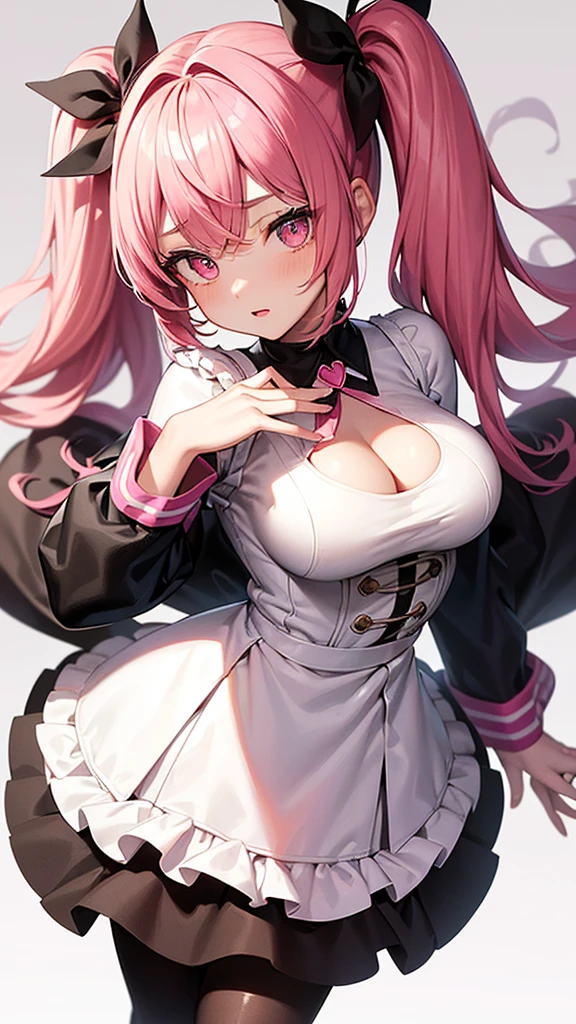 (Highest quality,High resolution,Very detailed,girl)black tights,Pink Hair,Twin tails and short hair,Height: 160cm,cute,Big Breasts,Pink Eyes,Wearing a black uniform,Her eyes are white and shining,Has bright white eyes,Her eyes are hearts,The chest is exposed,Drops are falling from her eyes,