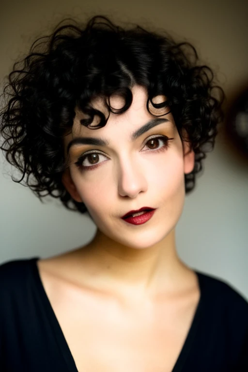 Beautiful young 22 yrs woman, (close-up, editorial portrait photograph), [[wide angle photo]], (background inside dark, moody, private study:1.3), full body portrait, by lee jeffries, nikon d850, film stock photograph, 4 kodak portra 400, camera f1.6 lens, rich colors, hyper realistic, lifelike texture, dramatic lighting, cinestill 800, curly short hair, up face with 1 9 2 0 s hairstyle, short curly hair, french bob, curly pixie cut hair, curly pixie hair, short black curly hair, very short curly hair, curly right part haircut, curly bangs, short french bob, soft makeup, Dark Hazel eyes, Eye contact
