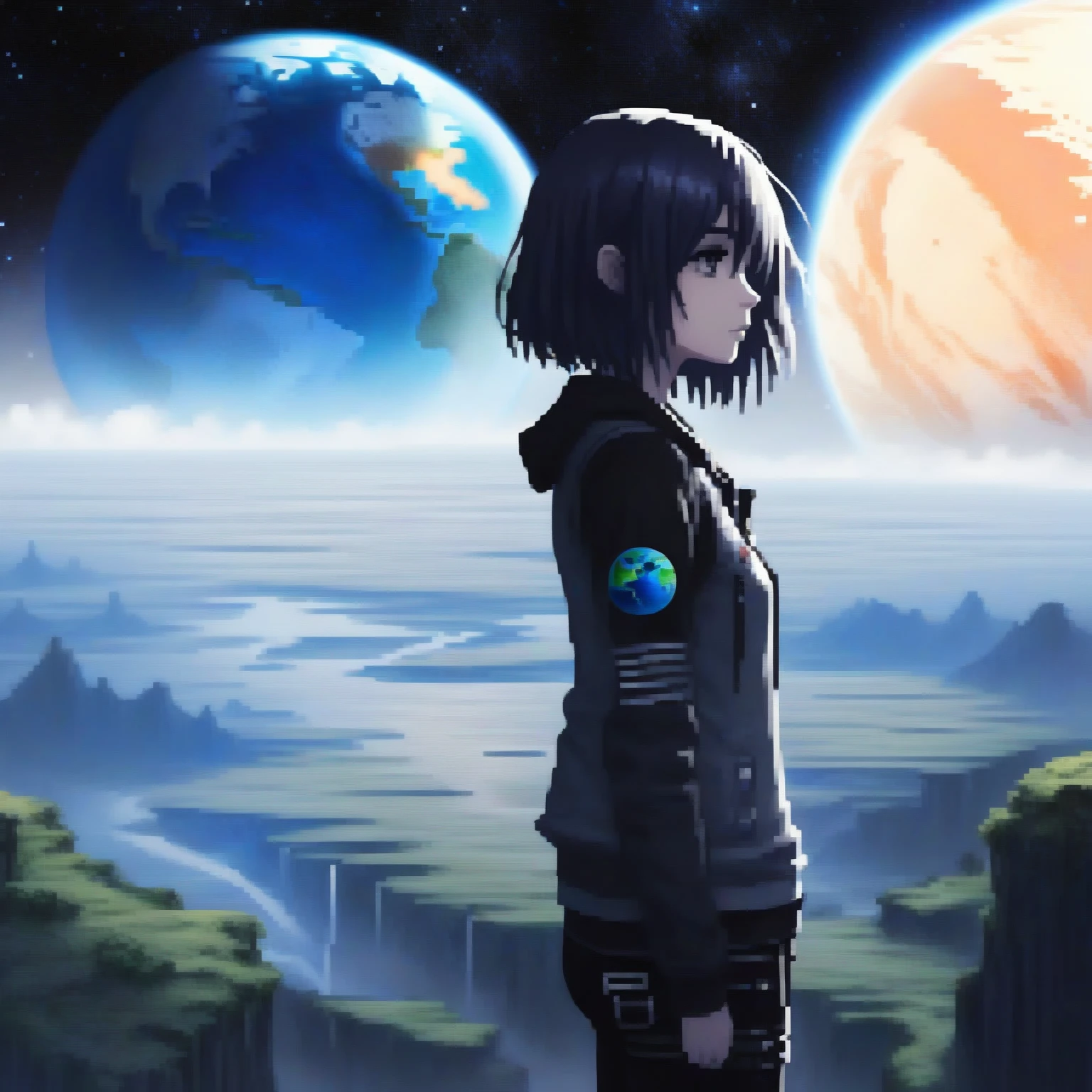 draw with ps2 graphic an emo girl looking at the horizon, on a plain and in the background is planet earth