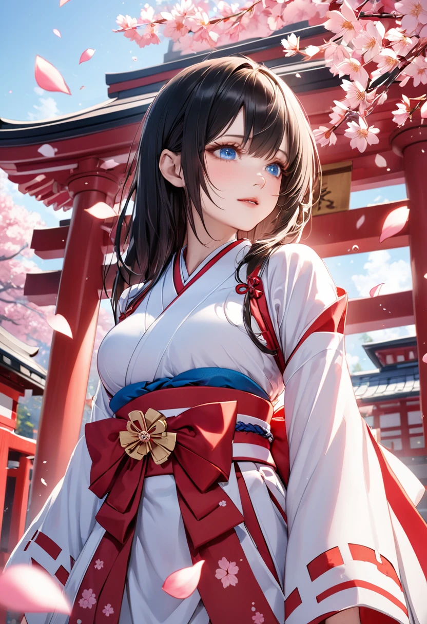 japanese miko clothing, black long hair hime cut, blue detail eyes at japanese temple shrine, high quality, pink sakura petals falling delicate