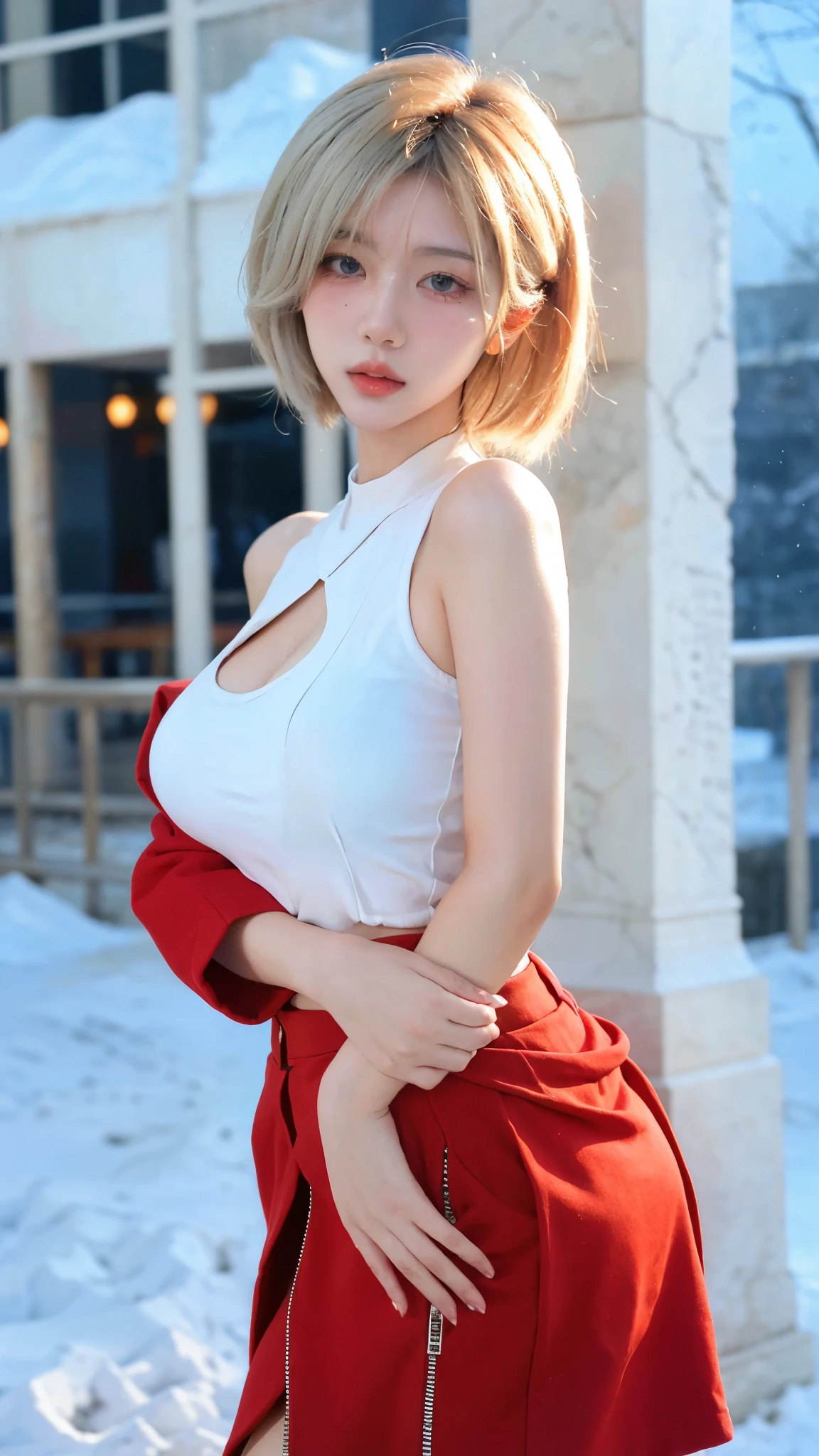Beautiful woman with perfect figure:1.4,snow,Touching butt with both hands,snow背景,Layered Hairstyle,White skin,Prominent cleavage,Pleated Skirt,whole body,Very delicate face and skin texture,Double eyelids,Skin Whitening,Long white hair