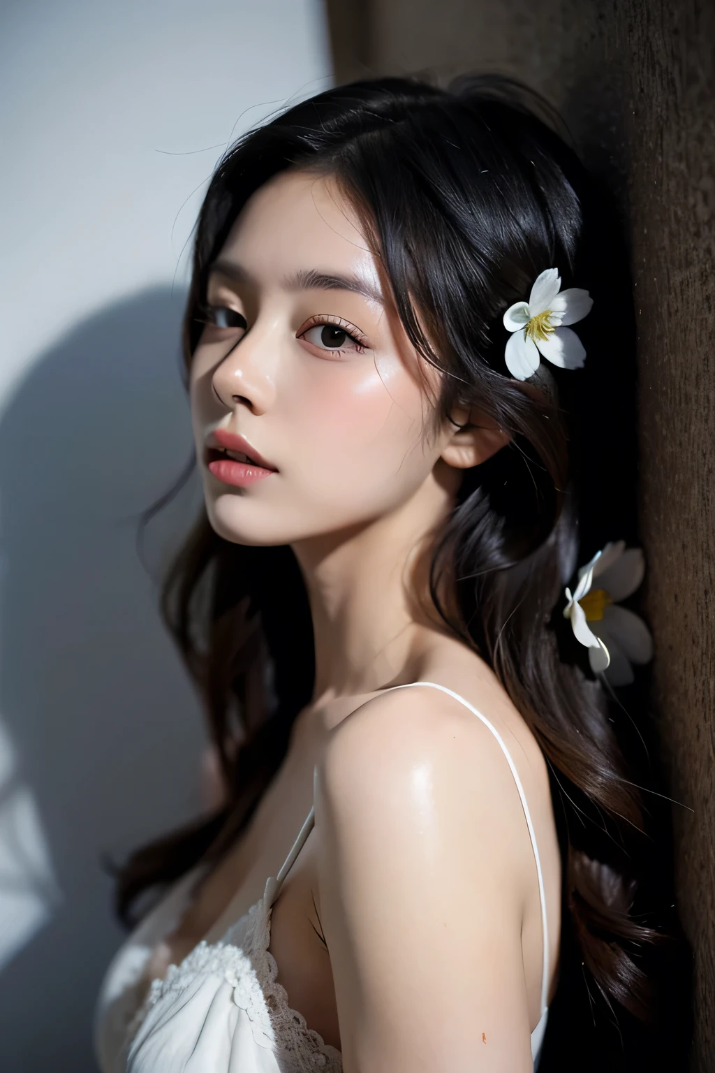 (oil:1.5), \\ A woman with long black hair and white flowers in her hair lies against a wall in a smoky blue flower field。, (Amy Sol:0.248), (Stanley Artjam Lau:0.106), (Detailed painting:0.353), (Gothic art:0.106),Apartment Wife、Lowering beauty