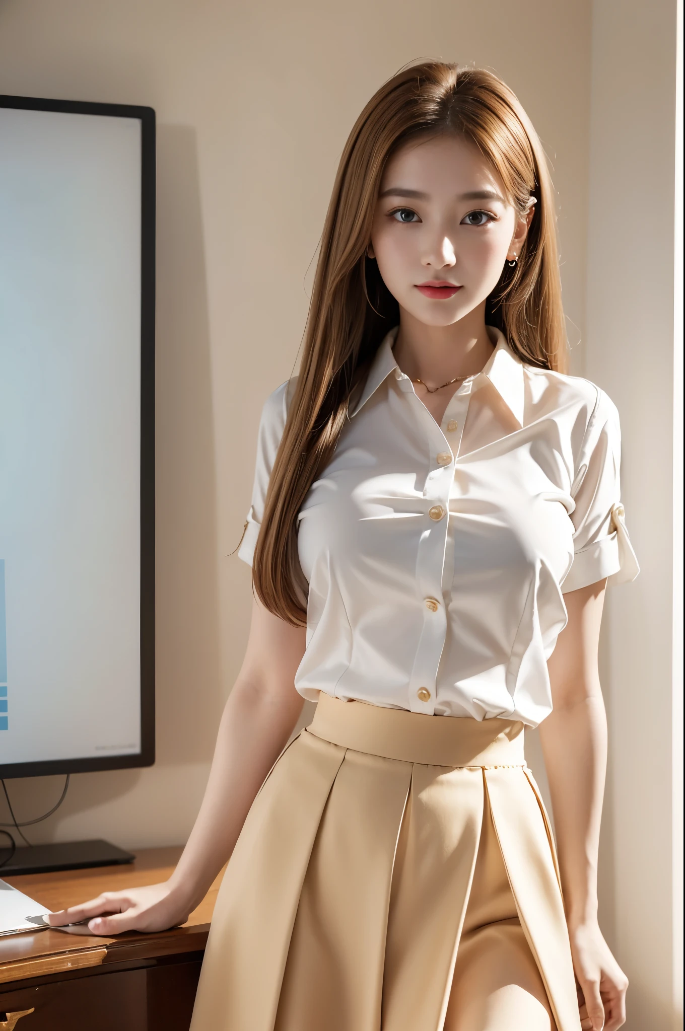 ((RAW photo), absurd, (absurdresolution)), masterpiece, best quality, (Extremely detailed 8k unity CG wallpaper), (best illustration), (best shadow), Realistic lighting, beautiful detailed glow, ((21 years old, the most beautiful young girl, beautiful, innocent face)), (standing looking at viewer), (luminous golden brown hair, straight, loose, cropped at shoulder level), (perfect honey pupil, defined, sharp), (((secretary, very feminine formal suit, straight straw-colored skirt, white buttoned blouse))), ((background: office)), (her: dynamic pose spinning with happiness), (((Photographic Perspective of her)))