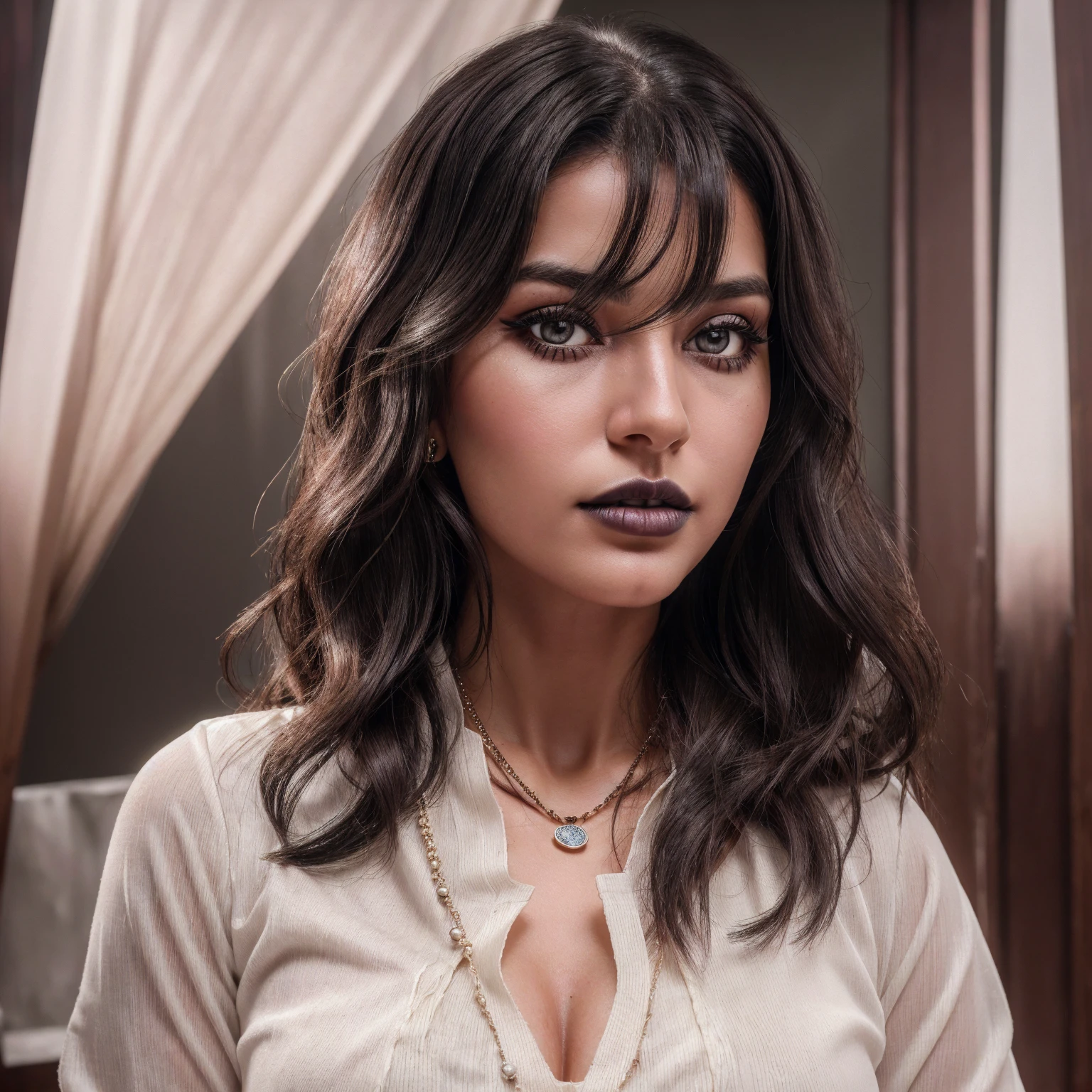 Wavy brown hair, (RAW photo, realism: 1.8), (very dark lip gloss, jet black lipstick, many eyelashes, dark black eye shadow, shy, blushing, high quality, high resolution, depth of field, chromatic aberration, caustic, wide light, natural colors, 30 year old woman), necklaces, chokers, earrings, bracelets, wear many accessories, wearing traditional Pakistani clothes, white color dress, and white hijab, woman very big , soft skin, white skin, slim nose, beautiful eyes, The Casual Hip Stance poses, 8k results, high resolution, realistic,