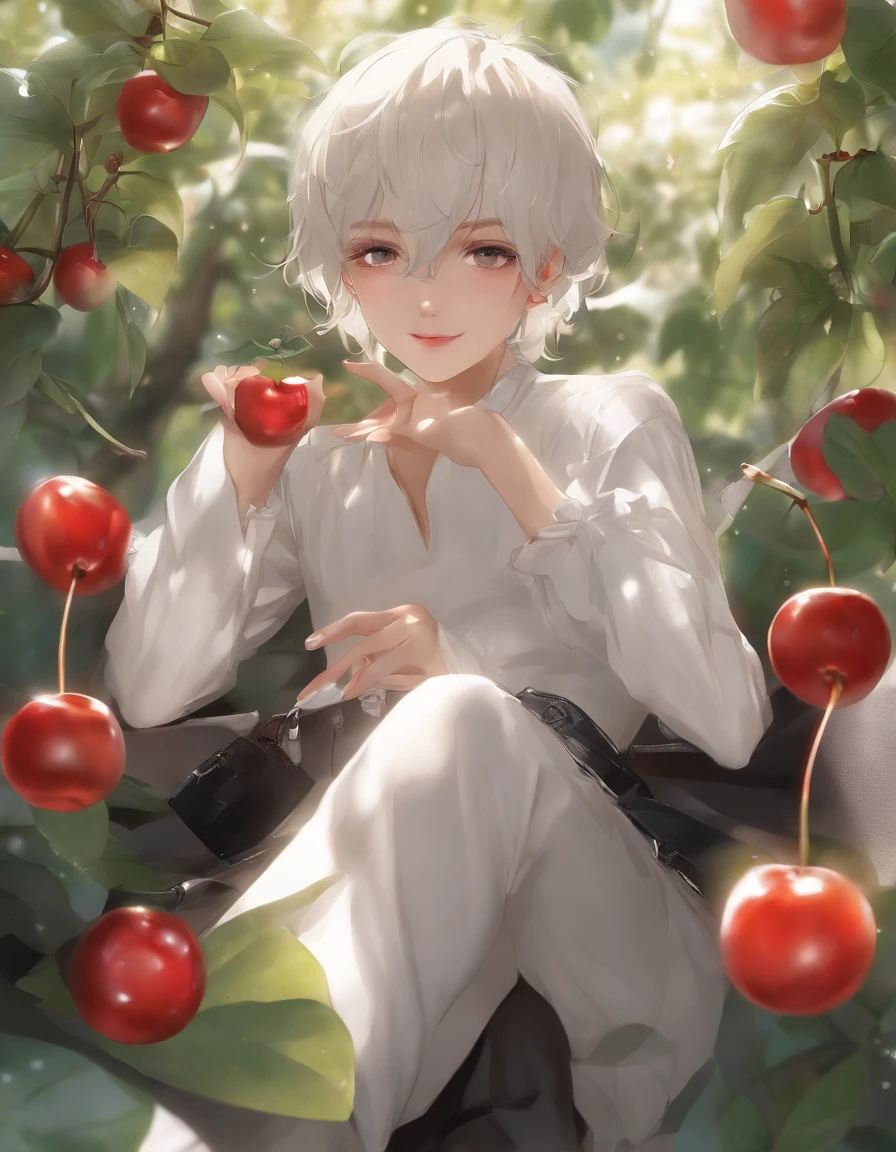 Concept Art、❴Beautiful boy in a black see-through outfit❵、male、❴Trying to eat a cherry❵、Neutral facial features、Translucent white skin、Glowing Skin、Captivating look、Sidelong glance、Smiling Lips、Alluring full body、A composition that captivates viewers、Best Quality、Detailed composition、Accurate composition