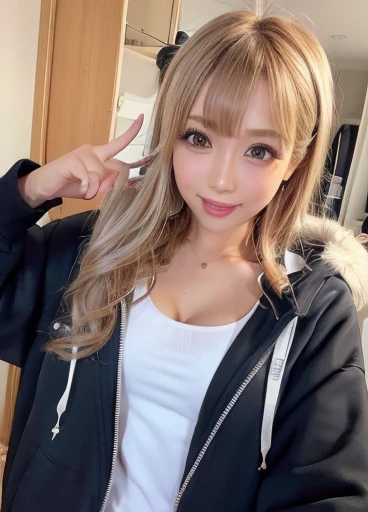 (Highest quality、4K、8k、High resolution、masterpiece:1.2)、Very detailed、(Real、Photorealistic、Photorealistic:1.37)、Messy room、Video streaming、Blonde、Gal Makeup、Parka、Tank top under hoodie、Big Breasts、Sloppy open chest、Talking to a webcam、income、headset、Earphone microphone、smile、Open your mouth、Emphasize cleavage、Underwear hanging out to dry behind