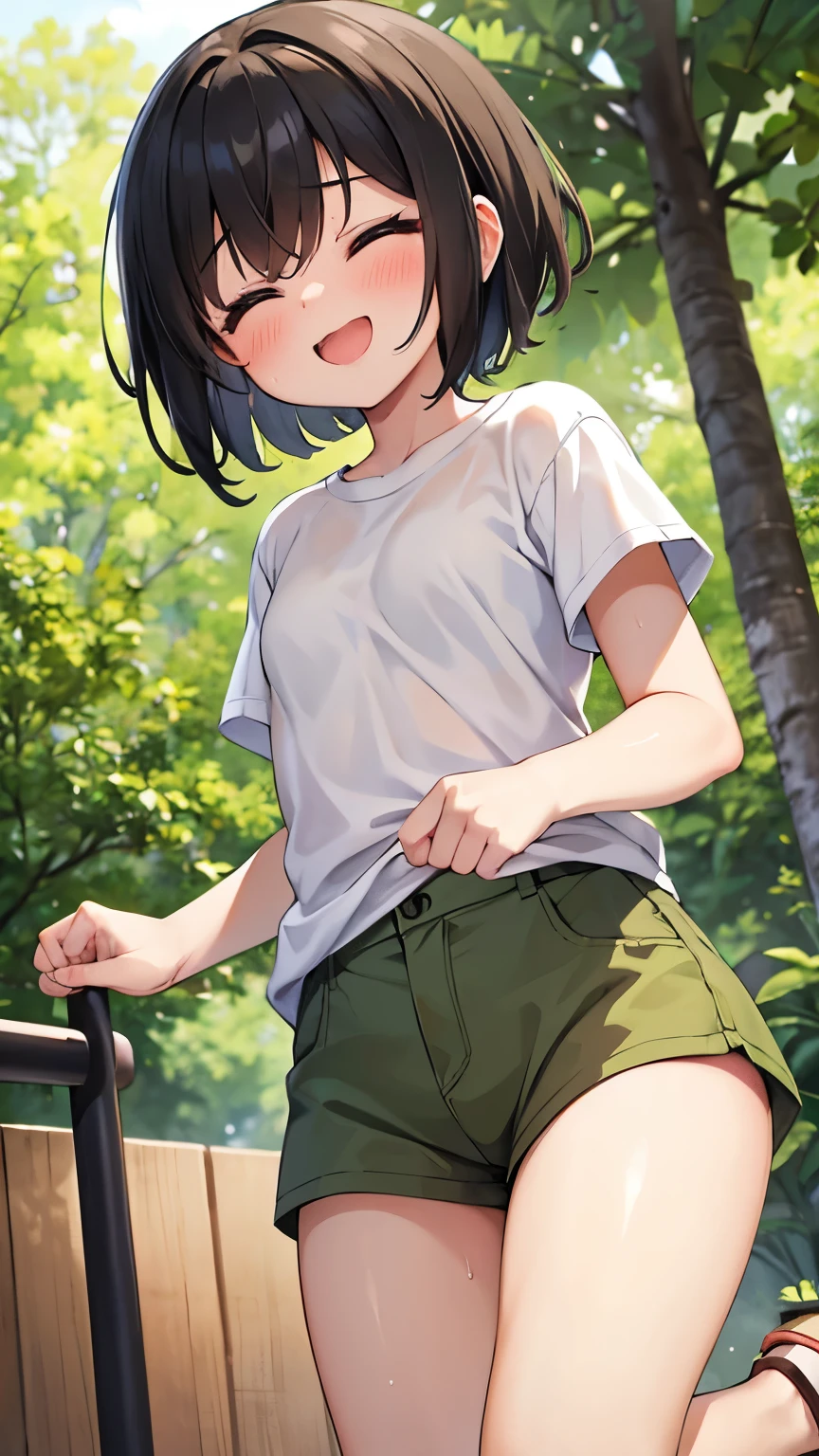 forest,smile,Are standing,close your eyes,1. small ,short hair,Black Hair,blush,White T-shirt,Olive green shorts,Brown Sandals,White skin,summer,From below,shy,Sweat,Please open your mouth wide,Wet,