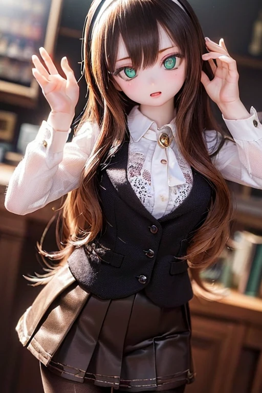 (SFW:2), photorealistic, realistic photo, 8k, ((highest quality)), ((masterpiece)), (extremely detailed), kukolnydom, doll, (mature woman, 21yo, 21 years old, solo:1.6), ((cowboy shot, dynamic pose, slim, slender, skinny, medium breasts, hairband, ascot, vest, blouse, long puff sleeves, pleated skirt, black pantyhose)), (green eyes, brown hair, long hair, plastic skin, looking at another, glass eyes, gradient eyes, shining eyes, detailed eyes:1.3)