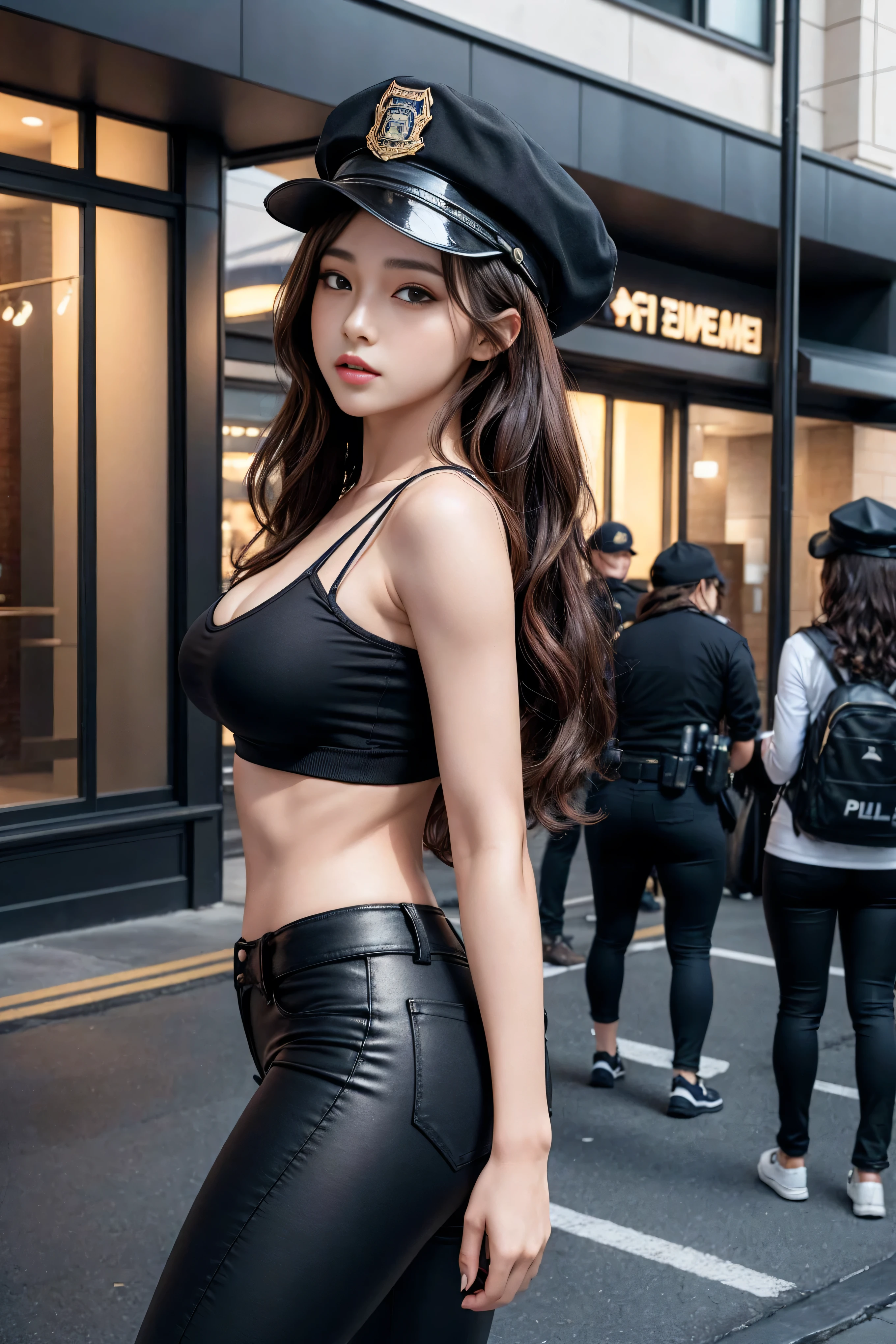 Physically Based Rendering, (1个female孩:1), female, (beautiful:1.2), Brown curly hair，street, Sexy muscular body, Slim waist, (Big Shot:1.Keep, Tight black pants, Dressed in America，Wearing a police hat，