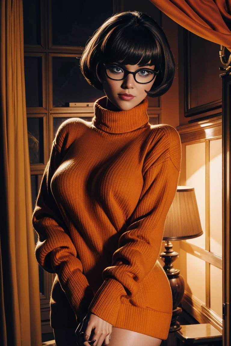 Sexy Velma from Scooby Doo with big square glasses and a tight orange turtleneck sweater., mischievous, horny, neckline, in a haunted house, athletic and fit body, mischievous, perfect hands, Detailed hands, Perfect eyes, detailed eyes,  flirtatious, sexy, mischievous, big happy , realist, HdR, HD, dynamic