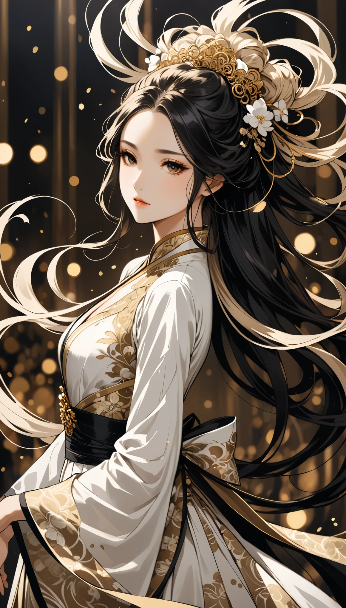 in style of Brad Kunkle
character concept design,1girl,ojou-sama posture,multi-tied hair,incredibly long hair,extreme elegance,extremely detailed,(Background blur,Depth of Field,Blurred foreground,Motion Blur:1.5)