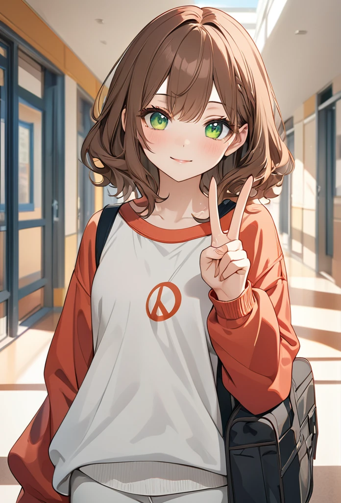 Brown-haired girl、、green eyes、Calm Afternoon - Very detailed、masterpiece, Highest quality, Bright - With a bright school hallway in the background、Relaxed facial expression、one hand making a peace sign、(Detailed fingers), (Emotional), (Breathtakingly beautiful), (main part:1.2 Whole body), (Anime Style), (Very detailed), (超High resolution, High resolution), (8k), (Complex and beautiful: 1.2)
