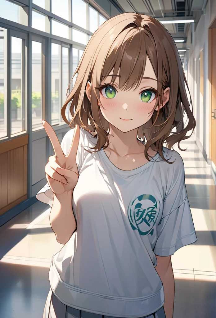 Brown-haired girl、、green eyes、Calm Afternoon - Very detailed、masterpiece, Highest quality, Bright - With a bright school hallway in the background、Relaxed facial expression、one hand making a peace sign、(Detailed fingers), (Emotional), (Breathtakingly beautiful), (main part:1.2 Whole body), (Anime Style), (Very detailed), (超High resolution, High resolution), (8k), (Complex and beautiful: 1.2)