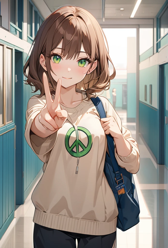 Brown-haired girl、、green eyes、Calm Afternoon - Very detailed、masterpiece, Highest quality, Bright - With a bright school hallway in the background、Relaxed facial expression、one hand making a peace sign、(Detailed fingers), (Emotional), (Breathtakingly beautiful), (main part:1.2 Whole body), (Anime Style), (Very detailed), (超High resolution, High resolution), (8k), (Complex and beautiful: 1.2)