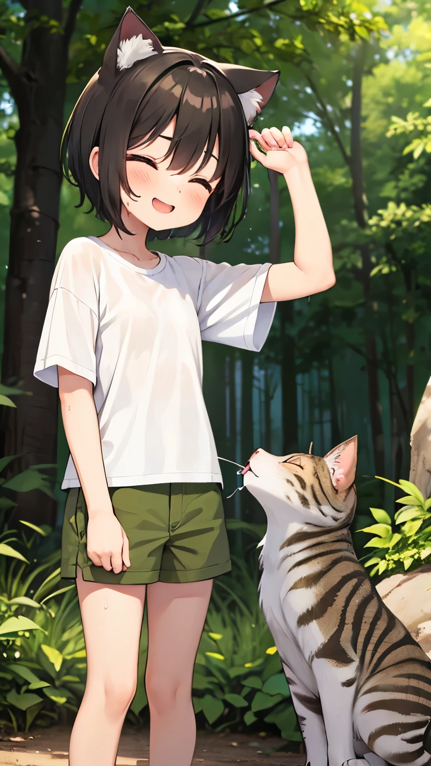 forest,smile,Are standing,close your eyes,1. small ,short hair,Black Hair,blush,White T-shirt,Olive green shorts,Brown Sandals,White skin,summer,From below,shy,Sweat,Please open your mouth wide,Wet,Cat ears,Cat&#39;tail,front leg pose,