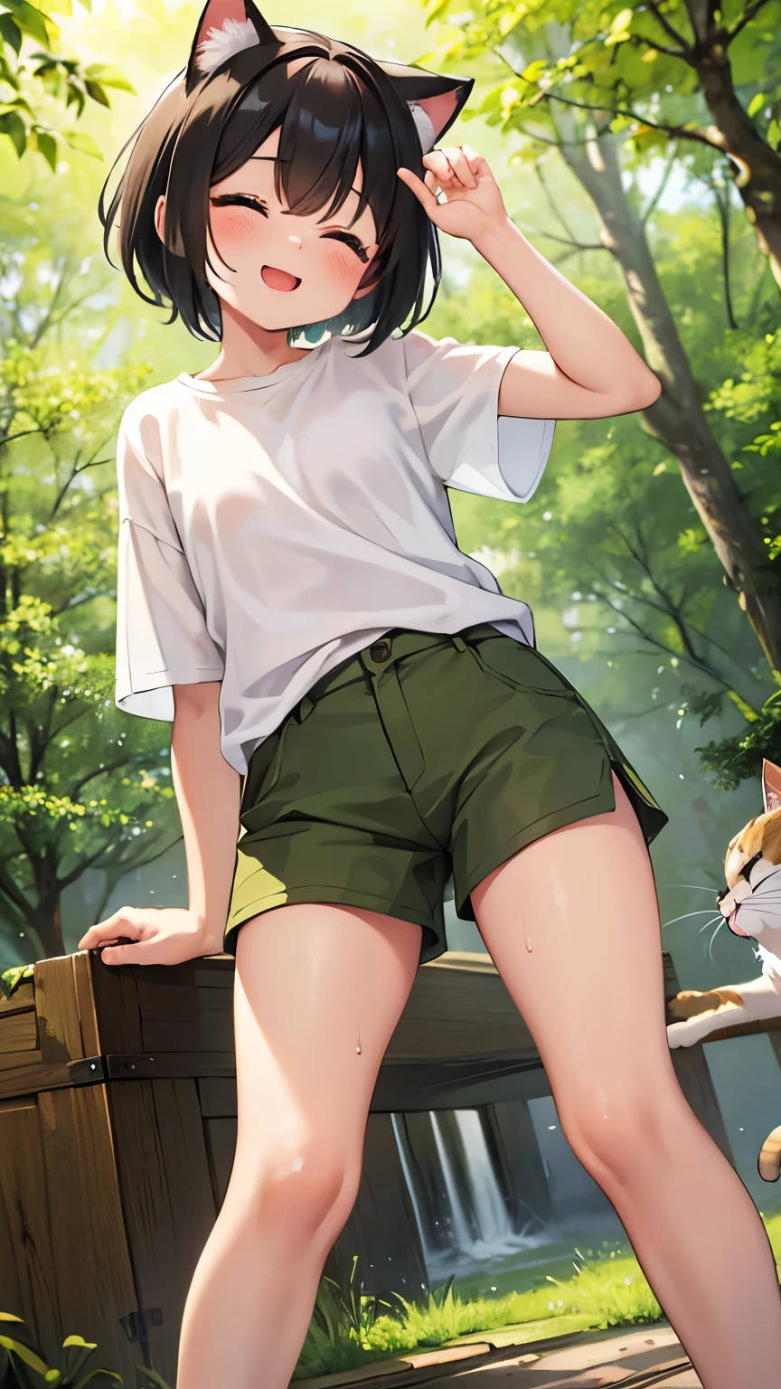 forest,smile,Are standing,close your eyes,1. small ,short hair,Black Hair,blush,White T-shirt,Olive green shorts,Brown Sandals,White skin,summer,From below,shy,Sweat,Please open your mouth wide,Wet,Cat ears,Cat'tail,front leg pose,