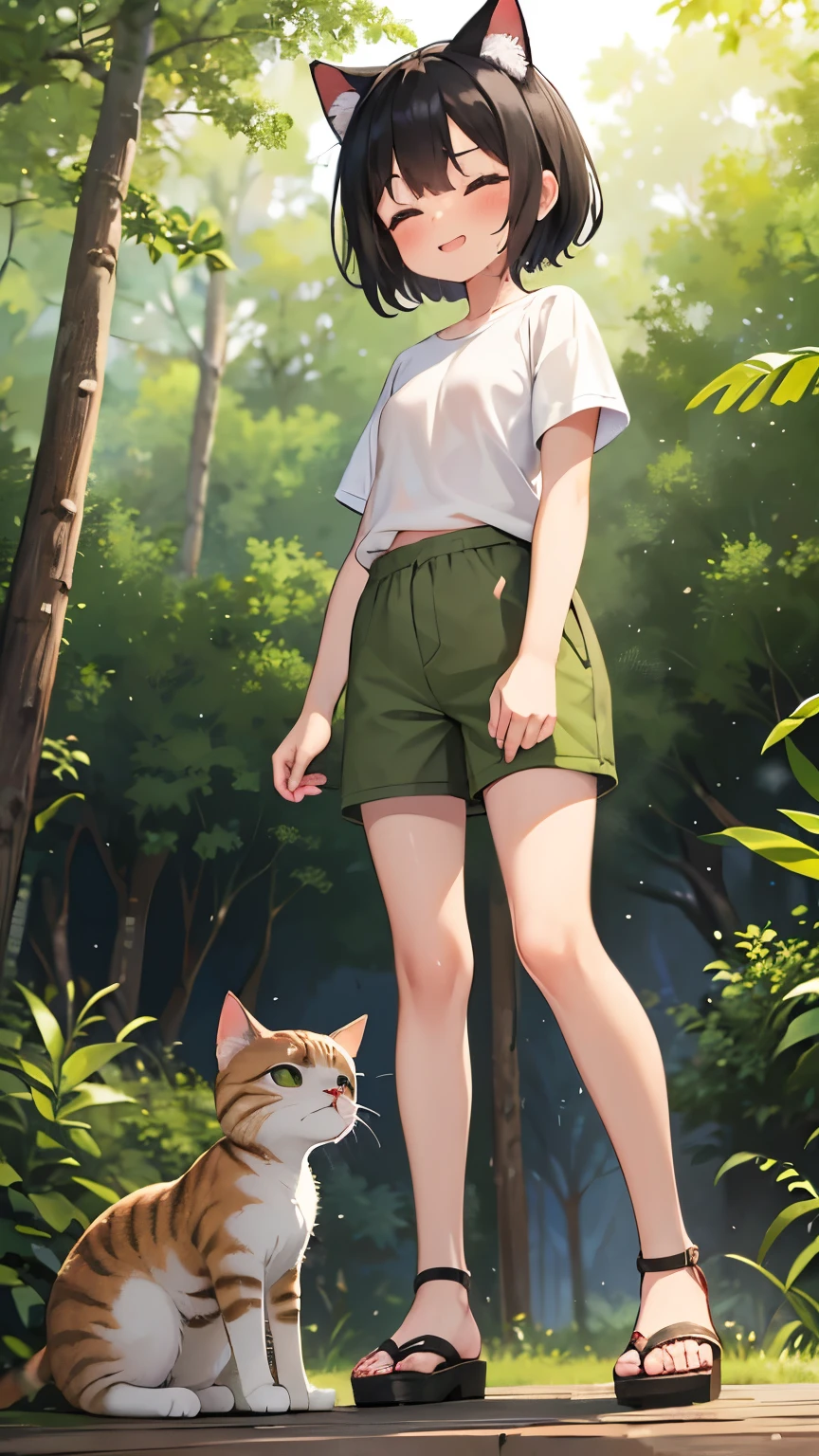 forest,smile,Are standing,close your eyes,1. small ,short hair,Black Hair,blush,White T-shirt,Olive green shorts,Brown Sandals,White skin,summer,From below,shy,Sweat,Please open your mouth wide,Wet,Cat ears,Cat&#39;tail,front leg pose,