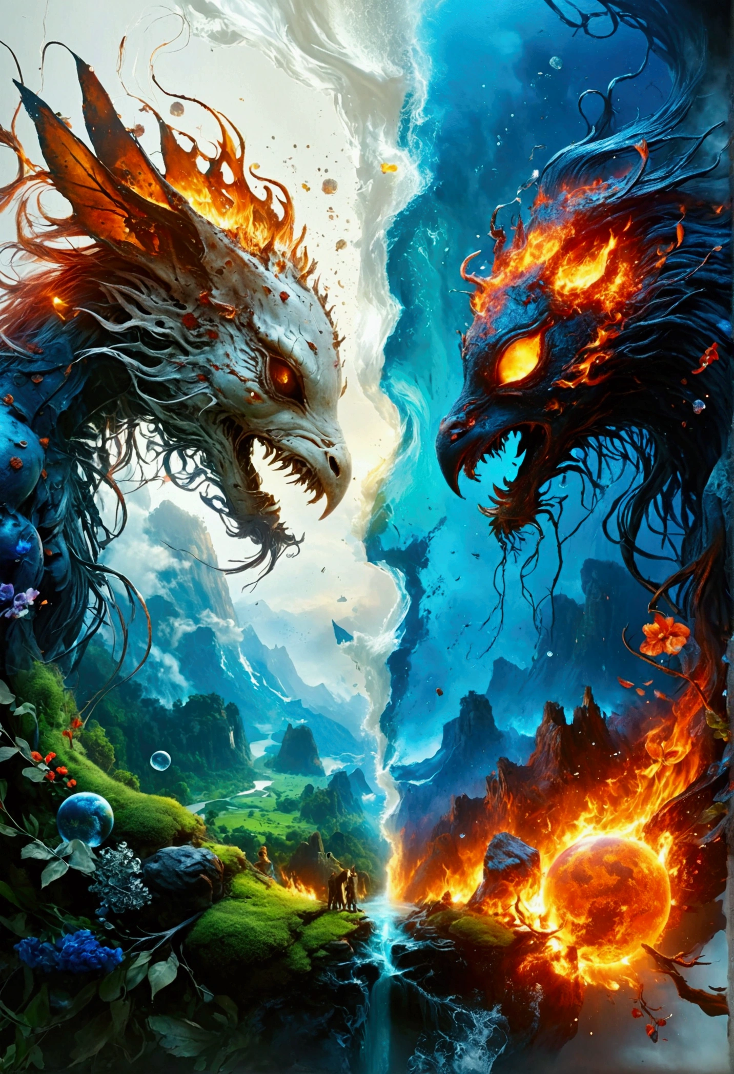 Imagine an interpretation of our planet divided into two halves. One half is serene and radiant, filled with vibrant landscapes, lush green forests, flowing rivers, and crystal blue skies, where creatures live harmoniously, depicting a sense of peace. Contrastingly, the other half is engulfed in flames, displaying burnt reddish landscapes, lifeless trees, smoky atmosphere, and land gradually eroding away, symbolizing decay and loss. The image conveys a stark duality between life and death. All of this is set against a pure, stark white background, emphasizing the differing conditions of the two hemispheres.
