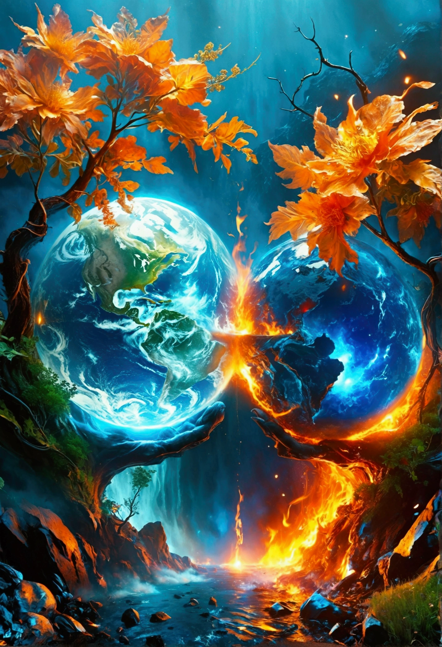 Imagine an interpretation of our planet divided into two halves. One half is serene and radiant, filled with vibrant landscapes, lush green forests, flowing rivers, and crystal blue skies, where creatures live harmoniously, depicting a sense of peace. Contrastingly, the other half is engulfed in flames, displaying burnt reddish landscapes, lifeless trees, smoky atmosphere, and land gradually eroding away, symbolizing decay and loss. The image conveys a stark duality between life and death. All of this is set against a pure, stark white background, emphasizing the differing conditions of the two hemispheres.