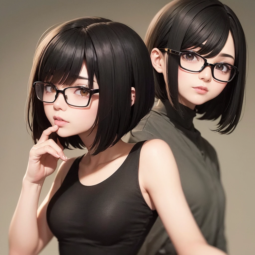 ((best quality)), ((masterpiece)), (detailed), perfect face. Short hair. 1 girl. Asian girl. Black eyes. Glasses. Her hair is long with yellow and black highlights，wear glasses，black and yellow hair